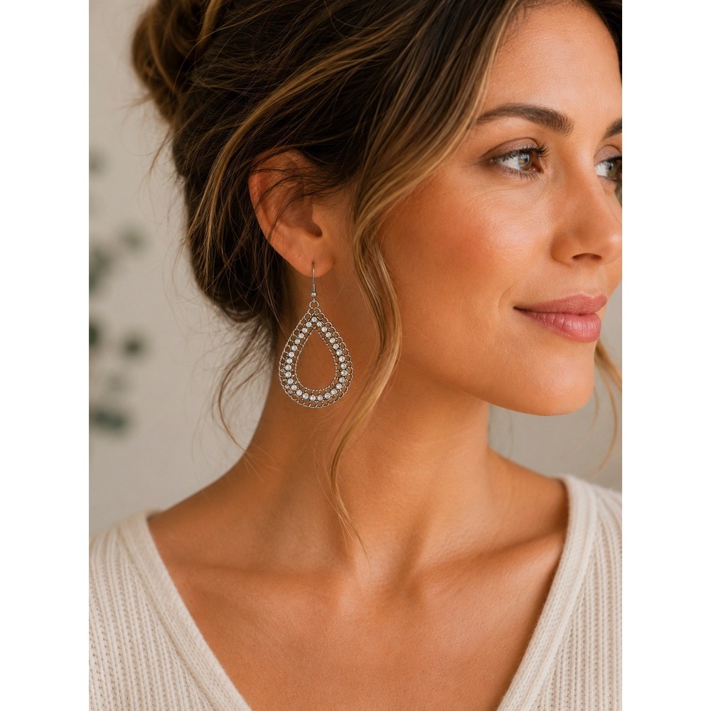 Silver‎ Tone Rhinestone Chain Link Teardrop Dangle Earrings Bohemian Sparkle